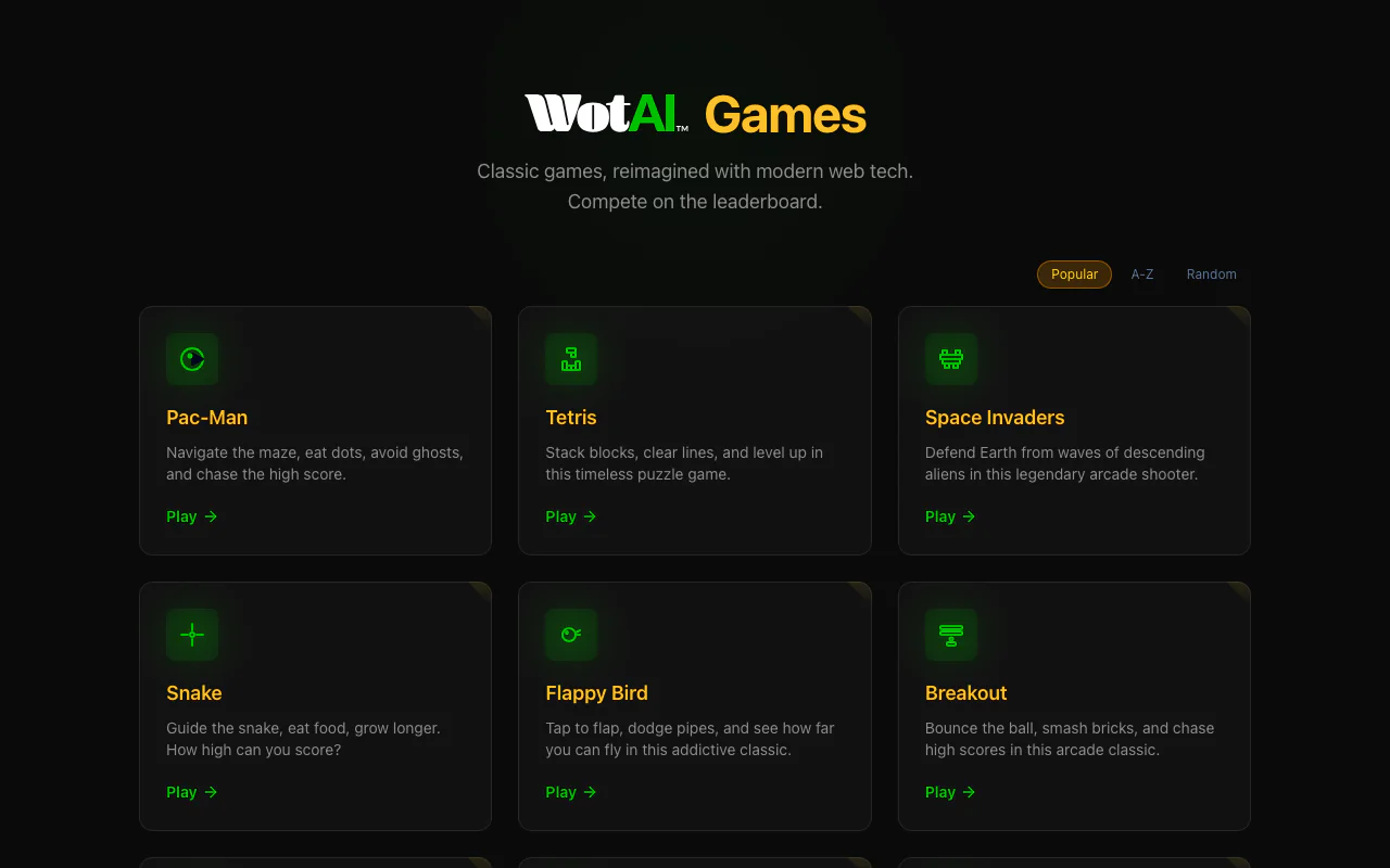 WotAI Games 首页——10 款经典街机游戏合集